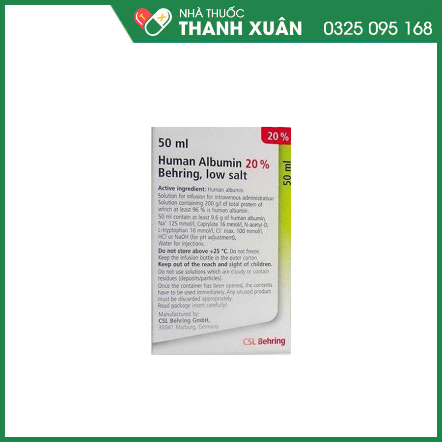 Human Albumin 20% Behring, Low Salt 50ml điều trị giảm albumin trong máu